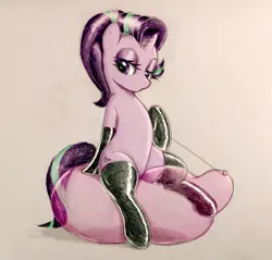 Size: 1893x1809 | Tagged: suggestive, anonymous artist, derpibooru import, starlight glimmer, pony, unicorn, g4, balloon, balloon fetish, balloon riding, clothes, evening gloves, eyeshadow, female, fetish, gloves, image, latex, latex gloves, latex stockings, lidded eyes, long gloves, looking back, makeup, mare, png, solo, stockings, string, thigh highs, traditional art