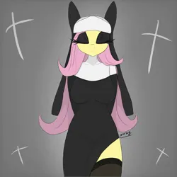 Size: 2048x2048 | Tagged: safe, artist:wornpaladin, artist:worny, derpibooru import, fluttershy, anthro, pegasus, pony, abstract background, black eyeshadow, breasts, clothes, cross, eyelashes, eyes closed, eyeshadow, female, flutternun, gray background, image, jpeg, makeup, nun, nun outfit, pink hair, side slit, signature, simple background, socks, solo, stockings, thigh highs