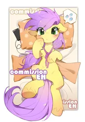 Size: 2916x4200 | Tagged: safe, artist:amo, derpibooru import, oc, earth pony, pony, bed, blushing, chest fluff, commission, earbuds, emoji, female, frog (hoof), hoof on cheek, image, looking at you, lying down, mare, mobile phone, neck ribbon, on back, on bed, out of frame, passepartout, phone, pillow, png, polka dots, smartphone, solo, speech bubble, text, underhoof, unshorn fetlocks, 💦