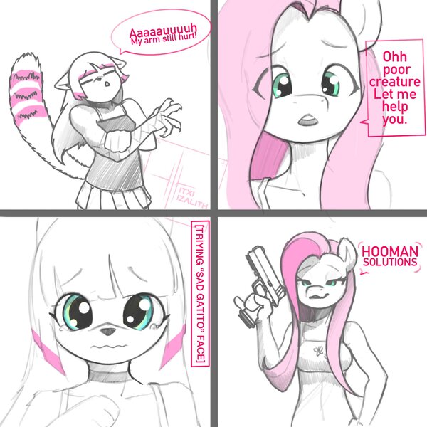 Size: 2048x2048 | Tagged: safe, artist:itxi_izalith, derpibooru import, fluttershy, oc, anthro, pegasus, comic, dialogue, eye clipping through hair, female, furry, gun, image, injured, jpeg, wavy mouth, weapon