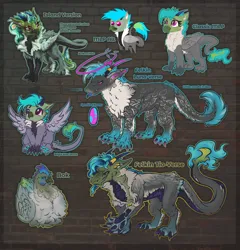 Size: 1700x1773 | Tagged: safe, artist:tiothebeetle, derpibooru import, oc, oc:fluffy (the griffon), unofficial characters only, bird, chicken, dragon, gryphon, hybrid, original species, pony, :p, ^^, beans, black scales, blue hair, blue horns, blue tongue, claws, colorful, commission, cute, design, dragoness, eyes closed, eyeshadow, felkin, female, flower, flower in hair, folded wings, food, gray coat, gray fur, grin, halo, happy, horn, horn ring, horns, image, jewelry, jpeg, makeup, neon, paw pads, paws, pink eyes, pointy ponies, puppy dog eyes, quadrupedal, reference sheet, ring, scales, simple background, slit pupils, smiling, smug, solo, solo female, teeth, text, toe beans, tongue out, toothy grin, transgender oc, underpaw, white fur, wings