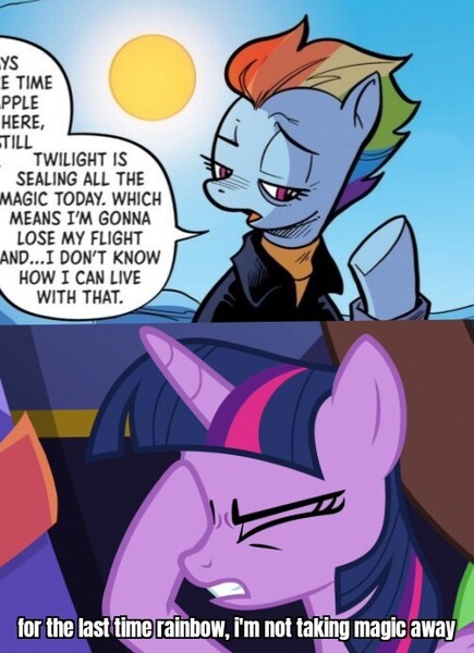 Size: 502x692 | Tagged: safe, derpibooru import, idw, screencap, rainbow dash, twilight sparkle, twilight sparkle (alicorn), alicorn, pony, g4, g5, spoiler:comic, spoiler:g5comic, caption, cropped, eyes closed, facehoof, female, image, image macro, jpeg, mare, my little pony, my little pony best gift ever, my little pony: the storm of zephyr heights, text, the storm of zephyr heights #3, twilight sparkle is not amused, unamused