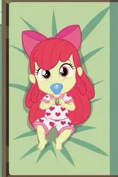 Size: 800x1200 | Tagged: safe, ai content, machine learning generated, stable diffusion, apple bloom, equestria girls, apple bloom's bow, baby, barefoot, bed, bow, child, clothes, cute, feet, female, hair bow, hand, image, looking at you, lying down, on bed, pacifier, pajamas, png, solo, younger