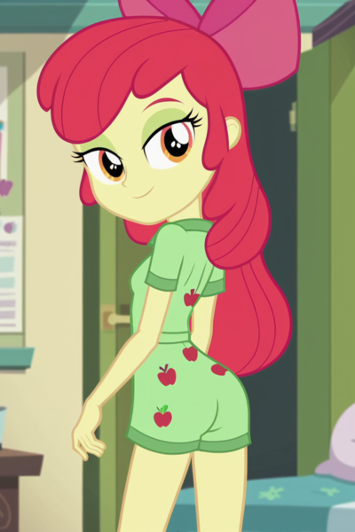 Size: 800x1200 | Tagged: suggestive, ai content, machine learning generated, stable diffusion, apple bloom, equestria girls, apple, apple bloom's bow, bedroom, bedroom eyes, bow, butt, child, clothes, food, hair, hair bow, hand, image, looking at you, looking back, looking back at you, pajamas, png, rear view, solo, standing