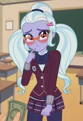 Size: 832x1216 | Tagged: safe, ai content, derpibooru import, machine learning generated, prompter:nwth, sugarcoat, human, equestria girls, g4, blushing, classroom, clothes, crystal prep academy uniform, female, female focus, glasses, image, indoors, jpeg, long sleeves, looking at you, male, money, my little pony equestria girls: friendship games, offscreen character, pigtails, pov, school uniform, solo, solo female, solo focus, twintails