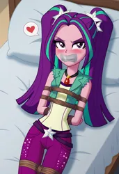 Size: 832x1216 | Tagged: safe, ai content, derpibooru import, machine learning generated, prompter:nwth, aria blaze, human, equestria girls, g4, ariasub, bdsm, bed, blushing, bondage, bound and gagged, gag, heart, image, jpeg, looking at you, lying down, pigtails, pillow, rope, rope bondage, solo, tape, tape gag, twintails