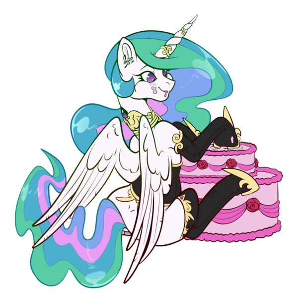 Size: 1000x1000 | Tagged: suggestive, artist:twoshoesmcgee, derpibooru import, princess celestia, alicorn, g4, cake, cakelestia, clothes, corset, food, gloves, horseshoes, image, long gloves, messy eating, png, socks, stockings, thigh highs, wings