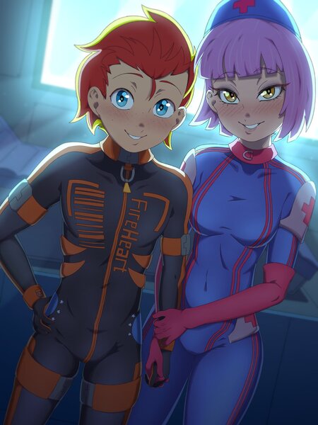 Size: 1200x1600 | Tagged: safe, artist:rockset, ponerpics import, oc, oc:fireheart(fire), oc:nurse lavender blossom, human, equestria girls, breasts, clothes, female, gloves, image, jpeg, latex, latex gloves, latex suit, male