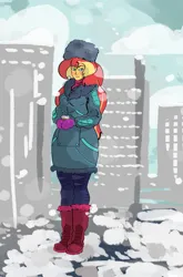 Size: 2944x4448 | Tagged: safe, artist:ponny, derpibooru import, sunset shimmer, human, equestria girls, g4, bipedal, blushing, city, clothes, cloud, coat, coffee cup, colored, cup, hat, image, png, snow, solo, standing