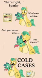 Size: 805x1488 | Tagged: safe, artist:fri013, derpibooru import, hitch trailblazer, sparky sparkeroni, dragon, earth pony, pony, g5, 3 panel comic, baby, baby dragon, calendar, comic, dialogue, duo, duo male, file, hug, image, jpeg, male, nuzzling, orange background, papa hitch, simple background, stallion