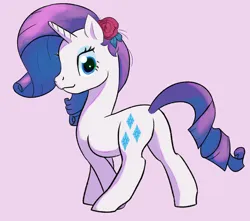 Size: 925x818 | Tagged: safe, artist:marrsund, derpibooru import, rarity, unicorn, g4, alternate hairstyle, female, flower, flower in hair, horn, image, jpeg, looking at you, looking back, rose, simple background, smiling