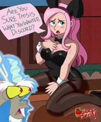 Size: 1708x2048 | Tagged: suggestive, artist:ragaberry, derpibooru import, discord, fluttershy, draconequus, human, background, breasts, bunny ears, bunny suit, busty fluttershy, clothes, dialogue, embarrassed, fluttershy's cottage, green eyes, high heels, humanized, image, jpeg, pale skin, playboy bunny, reaction, shoes, sitting, speech bubble, sultry pose, tights, watermark