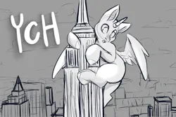 Size: 2351x1567 | Tagged: safe, artist:elinetic, derpibooru import, alicorn, pony, any gender, any race, auction, black and white, building, city, cityscape, commission, commission closed, empire state building, giant alicorn, grayscale, image, king kong, looking down, macro, monochrome, open mouth, png, signature, sky, skyscraper, solo, spread wings, unshorn fetlocks, watermark, wings, ych example, your character here