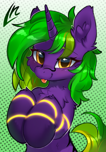 Size: 3384x4863 | Tagged: safe, artist:lunylin, derpibooru import, oc, oc:endigo grimstone, unofficial characters only, pony, unicorn, cheek fluff, chest fluff, ear fluff, eyes open, fluffy, glow, gradient background, gradient mane, high res, horn, image, looking at you, male, on hind legs, orange eyes, png, raised hoof, screentone, smiling, solo, spiral, stallion, striped mane, stripes on muzzle, tongue out