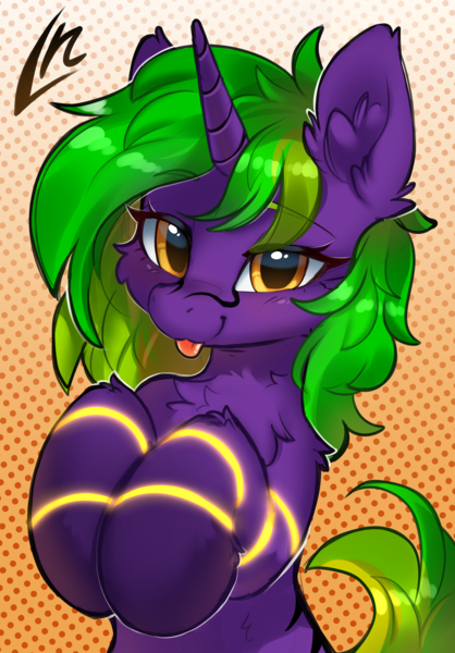 Size: 3384x4863 | Tagged: safe, alternate version, artist:lunylin, derpibooru import, oc, oc:endigo grimstone, unofficial characters only, pony, unicorn, cheek fluff, chest fluff, ear fluff, eyes open, fluffy, glow, gradient background, gradient mane, high res, horn, image, looking at you, male, on hind legs, orange eyes, png, raised hoof, screentone, smiling, solo, spiral, stallion, striped mane, stripes on muzzle, tongue out