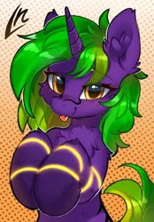 Size: 3384x4863 | Tagged: safe, alternate version, artist:lunylin, derpibooru import, oc, oc:endigo grimstone, unofficial characters only, pony, unicorn, cheek fluff, chest fluff, ear fluff, eyes open, fluffy, glow, gradient background, gradient mane, high res, horn, image, looking at you, male, on hind legs, orange eyes, png, raised hoof, screentone, smiling, solo, spiral, stallion, striped mane, stripes on muzzle, tongue out