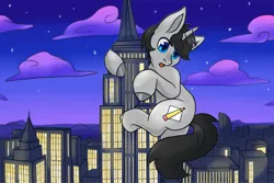 Size: 2351x1567 | Tagged: safe, artist:elinetic, derpibooru import, oc, oc:greyline, unofficial characters only, pony, unicorn, building, city, cityscape, cloud, cloudy, commission, detailed background, empire state building, eye clipping through hair, giant unicorn, horn, image, looking down, macro, male, male oc, new york city, night, open mouth, png, signature, sky, skyscraper, solo, stallion, stallion oc, stars, unicorn oc, unshorn fetlocks, ych result