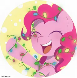 Size: 2028x2048 | Tagged: safe, artist:eltrash_art6, derpibooru import, pinkie pie, earth pony, pony, g4, blushing, christmas, christmas lights, clothes, cute, diapinkes, eyes closed, female, holiday, icon, image, jpeg, mare, open mouth, snow, solo, winter outfit