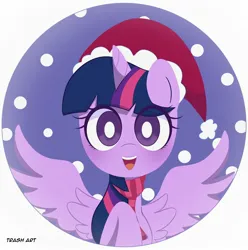 Size: 2028x2048 | Tagged: safe, artist:eltrash_art6, derpibooru import, twilight sparkle, twilight sparkle (alicorn), alicorn, pony, g4, blushing, christmas, clothes, cute, female, hat, holiday, icon, image, jpeg, mare, santa hat, scarf, snow, solo, twiabetes, winter outfit