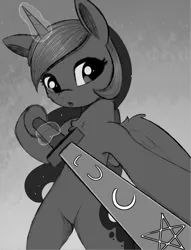 Size: 1516x1987 | Tagged: safe, artist:dusthiel, derpibooru import, princess luna, alicorn, semi-anthro, bipedal, image, magic, monochrome, novembrush, png, solo, sword, weapon