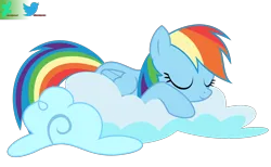 Size: 1900x1167 | Tagged: safe, artist:kuren247, derpibooru import, rainbow dash, pegasus, pony, g4, cloud, eyes closed, female, image, mare, on a cloud, png, show accurate, simple background, sleeping, sleeping on a cloud, sleepydash, solo, transparent background, vector