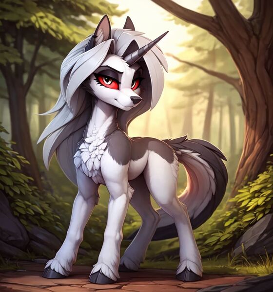 Size: 896x960 | Tagged: safe, ai content, derpibooru import, machine learning generated, ponified, dog, pony, unicorn, fantasy, forest, helluva boss, horn, image, jpeg, loona (helluva boss), nature, tree