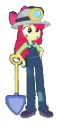 Size: 545x1024 | Tagged: safe, derpibooru import, edit, edited screencap, screencap, apple bloom, human, equestria girls, g4, background removed, blurry, helmet, image, mining helmet, png, shovel, simple background, solo, transparent background