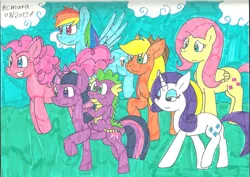 Size: 1280x906 | Tagged: safe, artist:cmara, derpibooru import, applejack, fluttershy, pinkie pie, rainbow dash, rarity, spike, twilight sparkle, alicorn, dragon, pegasus, unicorn, g4, female, horn, image, jpeg, male, mane six, stroll