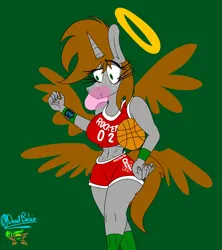 Size: 1600x1800 | Tagged: suggestive, artist:david_bal'air, derpibooru import, oc, oc:littlepip, anthro, fallout equestria, angel, apple watch, basketball, biblically accurate angels, biblically accurate pip, breasts, bubblegum, busty littlepip, chewing gum, clothes, fitness, food, gum, halo, houston rockets, image, jersey, png, sideboob, sports, spread wings, wings