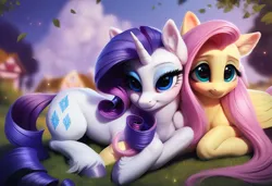 Size: 4864x3328 | Tagged: safe, ai content, machine learning generated, ponerpics import, ponybooru import, fluttershy, rarity, pegasus, pony, unicorn, cute, duo, ear fluff, ears, female, folded wings, friendshipping, grass, image, lying down, lying on grass, lying on the ground, mare, on ground, png, ponyville, prone, smiling, unshorn fetlocks, wings