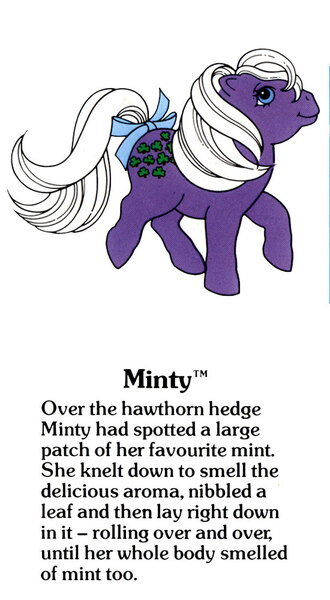 Size: 550x1000 | Tagged: safe, derpibooru import, official, minty (g1), earth pony, pony, g1, bow, closed mouth, color error, cute, error, female, g1 backstory, g1 mintabetes, image, jpeg, mare, my little pony fact file, open mouth, open smile, smiling, solo, tail, tail bow, text, walking