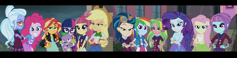 Size: 6678x1640 | Tagged: safe, derpibooru import, screencap, applejack, fluttershy, indigo zap, lemon zest, pinkie pie, rainbow dash, rarity, sci-twi, sour sweet, spike, sugarcoat, sunny flare, sunset shimmer, twilight sparkle, human, equestria girls, g4, belt, boots, clothes, cowboy hat, hat, high heel boots, humane five, humane seven, humane six, image, jacket, my little pony equestria girls: friendship games, panorama, png, polka dot socks, rainbow socks, shirt, shoes, skirt, socks, striped socks, vest