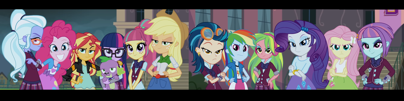 Size: 6557x1640 | Tagged: safe, derpibooru import, screencap, applejack, fluttershy, indigo zap, lemon zest, pinkie pie, rainbow dash, rarity, sci-twi, sour sweet, spike, sugarcoat, sunny flare, twilight sparkle, human, equestria girls, g4, belt, boots, clothes, cowboy boots, cowboy hat, hat, high heel boots, humane five, humane six, image, jacket, my little pony equestria girls: friendship games, panorama, png, polka dot socks, rainbow socks, shirt, shoes, skirt, socks, striped socks, vest