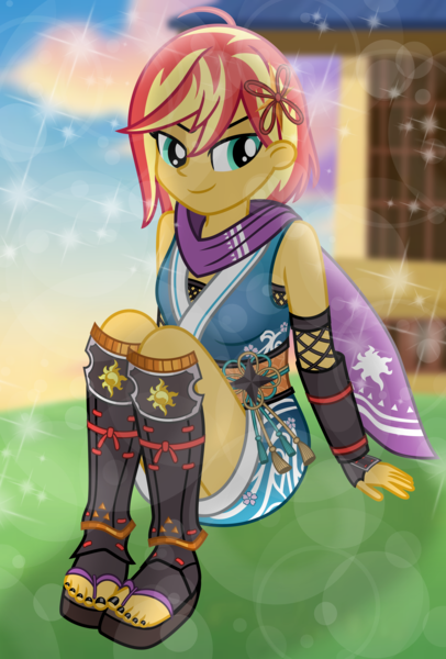 Size: 4938x7290 | Tagged: safe, artist:emeraldblast63, derpibooru import, sunset shimmer, equestria girls, g4, alternate hairstyle, breasts, feet, female, image, nail polish, png, sandals, sitting, smiling, solo, toenail polish, toes