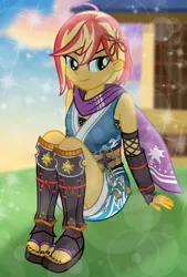 Size: 4938x7290 | Tagged: safe, artist:emeraldblast63, derpibooru import, sunset shimmer, equestria girls, g4, alternate hairstyle, breasts, feet, female, image, nail polish, png, sandals, sitting, smiling, solo, toenail polish, toes