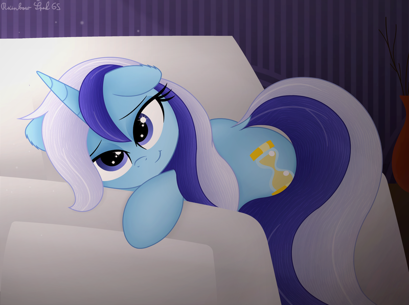 Size: 4032x3011 | Tagged: safe, artist:rainbowšpekgs, derpibooru import, minuette, pony, unicorn, g4, armchair, chair, female, horn, image, lidded eyes, looking at you, lying down, png, sleepy, smiling, solo, vase