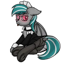 Size: 951x975 | Tagged: safe, artist:frilanka, derpibooru import, oc, oc:malachite cluster, unofficial characters only, bat pony, pony, bat wings, bedroom eyes, blushing, chest fluff, clothes, dock, ear fluff, femboy, image, lying, maid, male, panties, pantyhose, png, simple background, skirt, spread wings, stallion, tail, tongue out, transparent background, underwear, wings