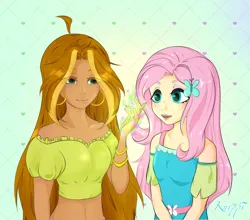 Size: 1864x1640 | Tagged: safe, artist:kurppi, derpibooru import, fluttershy, butterfly, human, insect, equestria girls, g4, crossover, cute, humanized, image, magic, png, winx club