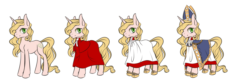 Size: 2698x969 | Tagged: safe, artist:moenkin, derpibooru import, oc, oc:benevelle, pony, unicorn, au:eqcl, cassock, clothes, female, horn, image, mare, mitre, png, robe, shoes, simple background, surplice, transparent background