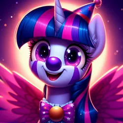 Size: 1024x1024 | Tagged: safe, ai content, derpibooru import, machine learning generated, prompter:heydude5321, twilight sparkle, twilight sparkle (alicorn), alicorn, pony, g4, bowtie, clown, clown makeup, female, generator:bing image creator, generator:dall-e 3, hat, horn, image, jpeg, mare, solo