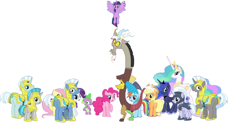 Size: 1216x657 | Tagged: safe, derpibooru import, edit, edited screencap, editor:pascalmulokozi2, screencap, applejack, discord, fluttershy, pinkie pie, princess celestia, princess luna, rainbow dash, rarity, spike, twilight sparkle, twilight sparkle (alicorn), alicorn, draconequus, earth pony, pegasus, pony, unicorn, g4, season 9, the ending of the end, spoiler:s09, armor, background removed, female, guard, guardsmare, horn, image, looking at you, looking back, looking back at you, male, mane seven, mane six, mare, my little pony, not a vector, png, royal guard, royal sisters, siblings, simple background, sisters, transparent background