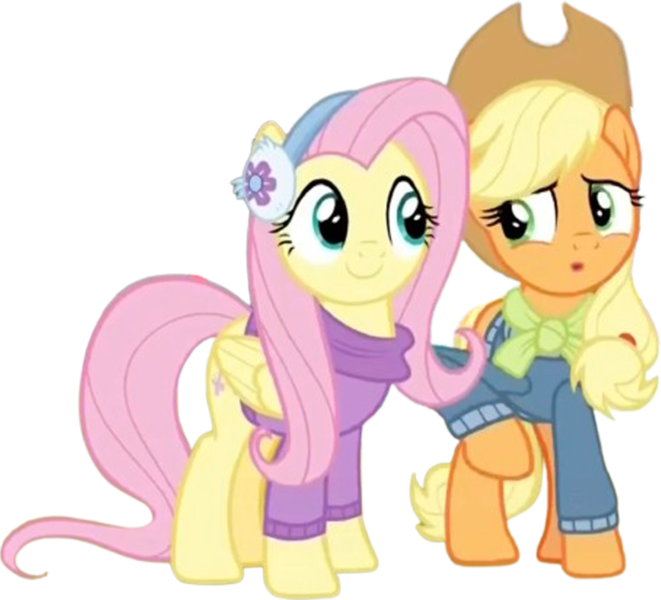 Size: 2776x2520 | Tagged: safe, derpibooru import, edit, edited screencap, editor:mrtoonlover83, screencap, applejack, fluttershy, earth pony, pegasus, pony, g4, applejack's hat, background removed, clothes, cowboy hat, duo, duo female, earmuffs, female, hat, image, looking at each other, looking at someone, not a vector, png, scarf, simple background, sweater, transparent background, winter outfit