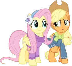 Size: 2776x2520 | Tagged: safe, derpibooru import, edit, edited screencap, editor:mrtoonlover83, screencap, applejack, fluttershy, earth pony, pegasus, pony, g4, applejack's hat, background removed, clothes, cowboy hat, duo, duo female, earmuffs, female, hat, image, looking at each other, looking at someone, not a vector, png, scarf, simple background, sweater, transparent background, winter outfit