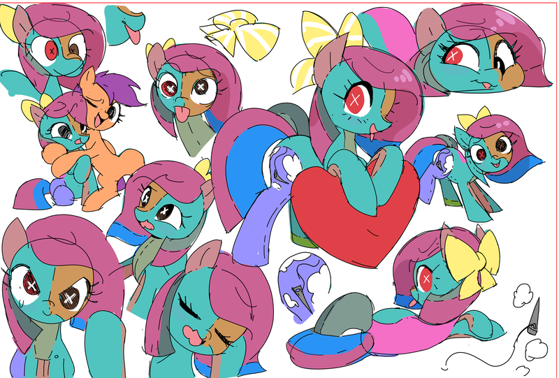 Size: 2778x1878 | Tagged: safe, artist:anonymous, scootaloo, oc, oc:silly stuffing, original species, pegasus, plush pony, pony, art pack:born to silly, art pack:born to silly: an unbridled celebration of life, /mlp/, 4chan, bow, derp, female, filly, hair bow, hug, image, looking at you, mane bow, multeity, plushie, png, ragdoll, seams, silly, simple background, stitching, tongue out, white background