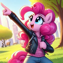 Size: 1024x1024 | Tagged: safe, ai content, derpibooru import, machine learning generated, pinkie pie, anthro, g4, building, city, clothes, denim, female, image, jacket, jeans, jpeg, leather, leather jacket, pants, park, pointing, prompter:pinkiepiepics, shirt, solo, tree