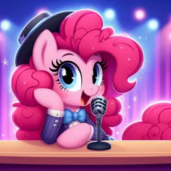 Size: 1024x1024 | Tagged: safe, ai content, derpibooru import, machine learning generated, pinkie pie, earth pony, pony, g4, clothes, female, hat, hoof on cheek, image, jpeg, microphone, prompter:pinkiepiepics, solo