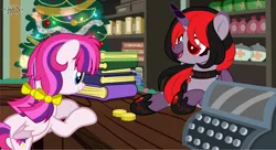 Size: 1728x942 | Tagged: safe, artist:tkn297, derpibooru import, oc, oc:pink gidgit, unnamed oc, unofficial characters only, pegasus, pony, unicorn, black and red mane, christmas, christmas tree, coin, duo, female, holiday, horn, image, mare, png, tree