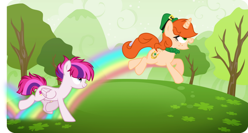 Size: 1920x1032 | Tagged: safe, artist:tkn297, derpibooru import, oc, oc:pink gidgit, unofficial characters only, pegasus, pony, unicorn, duo, female, hat, horn, image, leprechaun, mare, png, rainbow trail