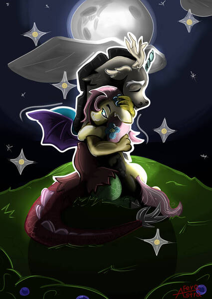 Size: 750x1060 | Tagged: safe, artist:gabbygums21, derpibooru import, discord, fluttershy, discoshy, female, flower, flower in hair, grass, grass field, hug, image, jpeg, male, moon, night, shipping, signature, sparkles, straight