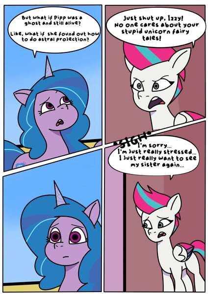 Size: 1131x1600 | Tagged: safe, artist:delilah1_riley, derpibooru import, izzy moonbow, zipp storm, pegasus, pony, unicorn, comic:pipp the poltergeist, fanfic:pipp the poltergeist, g5, my little pony: tell your tale, comic, commission, dialogue, duo, duo female, fanfic art, female, horn, image, implied pipp petals, jpeg, mare, outdoors